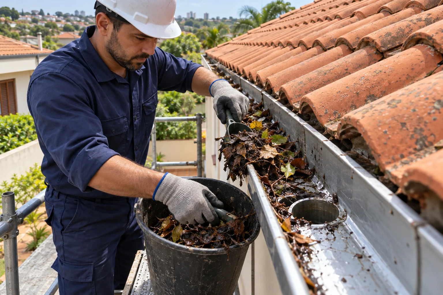 Profissional removendo folhas e resíduos de uma calha