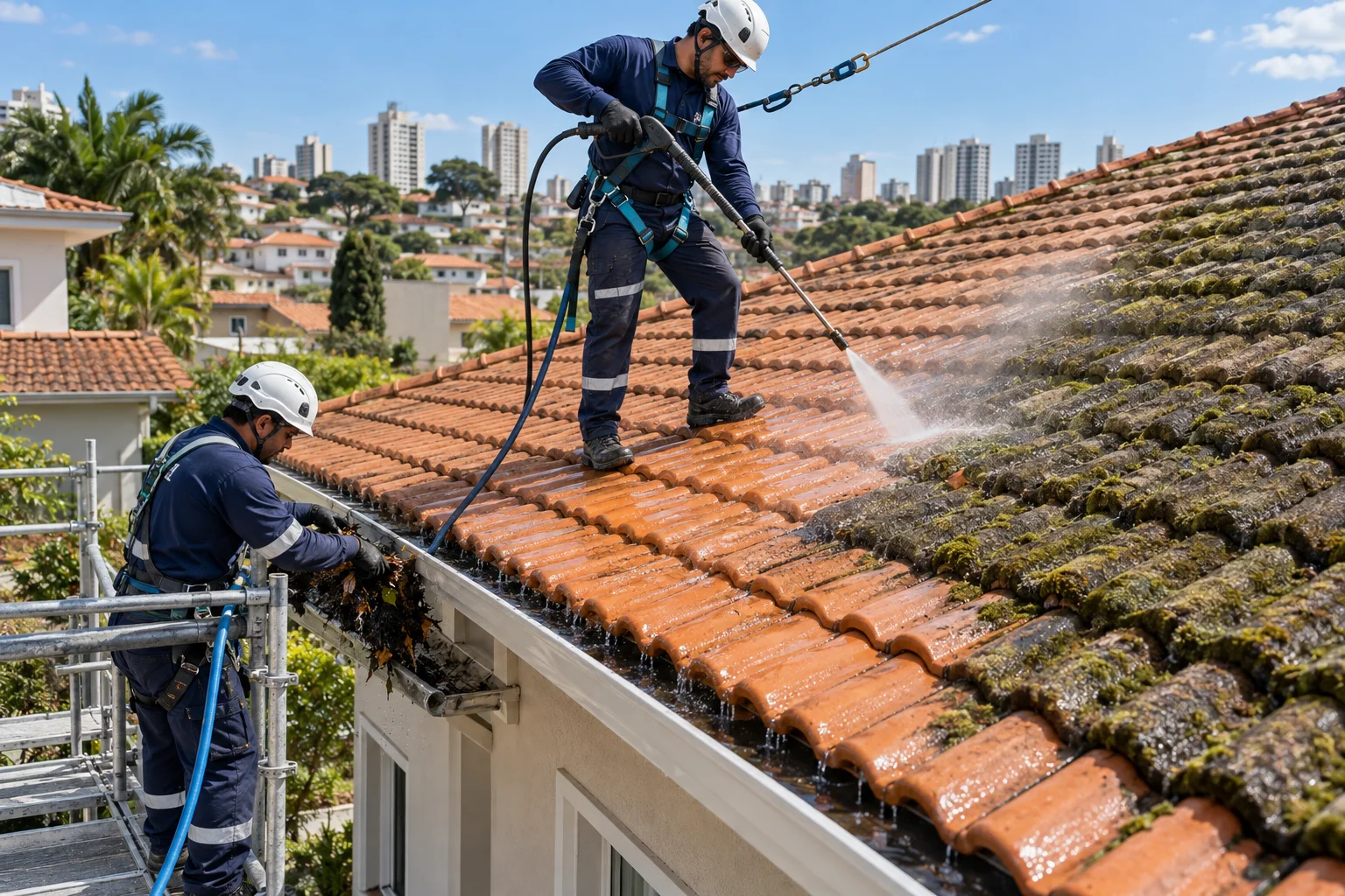 Equipe lavando telhado e removendo resíduos de calha